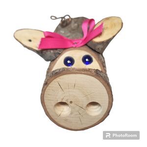 Wooden Pig Figurine Handmade Farmhouse Country Cottagecore Pink Bow and Toes